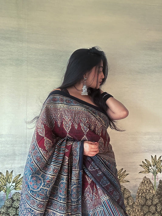Lush Ajrakh Cotton Mul Saree - Wine & Indigo