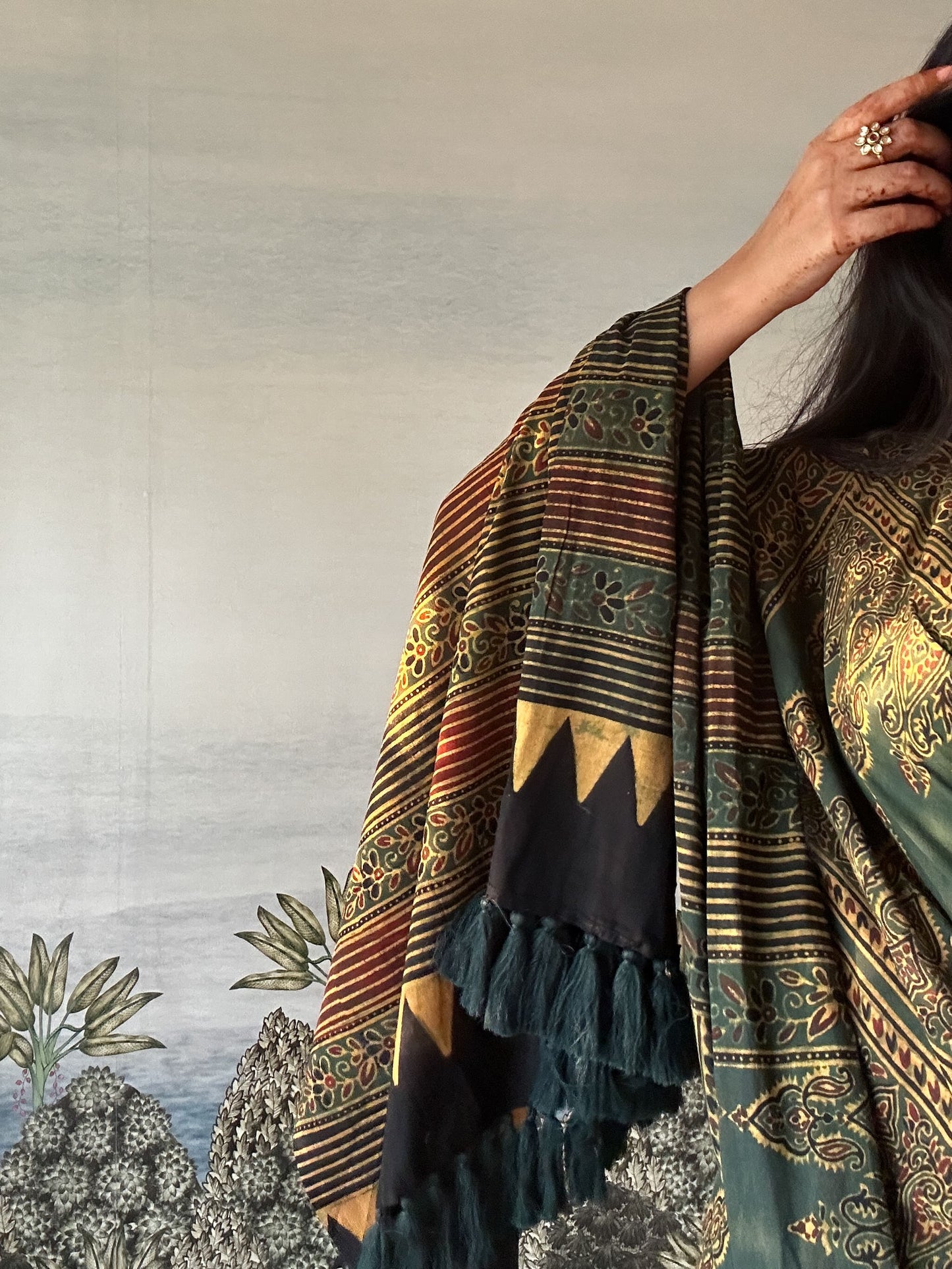 Lush Ajrakh Cotton Mul Saree - Deep Mehendi Green