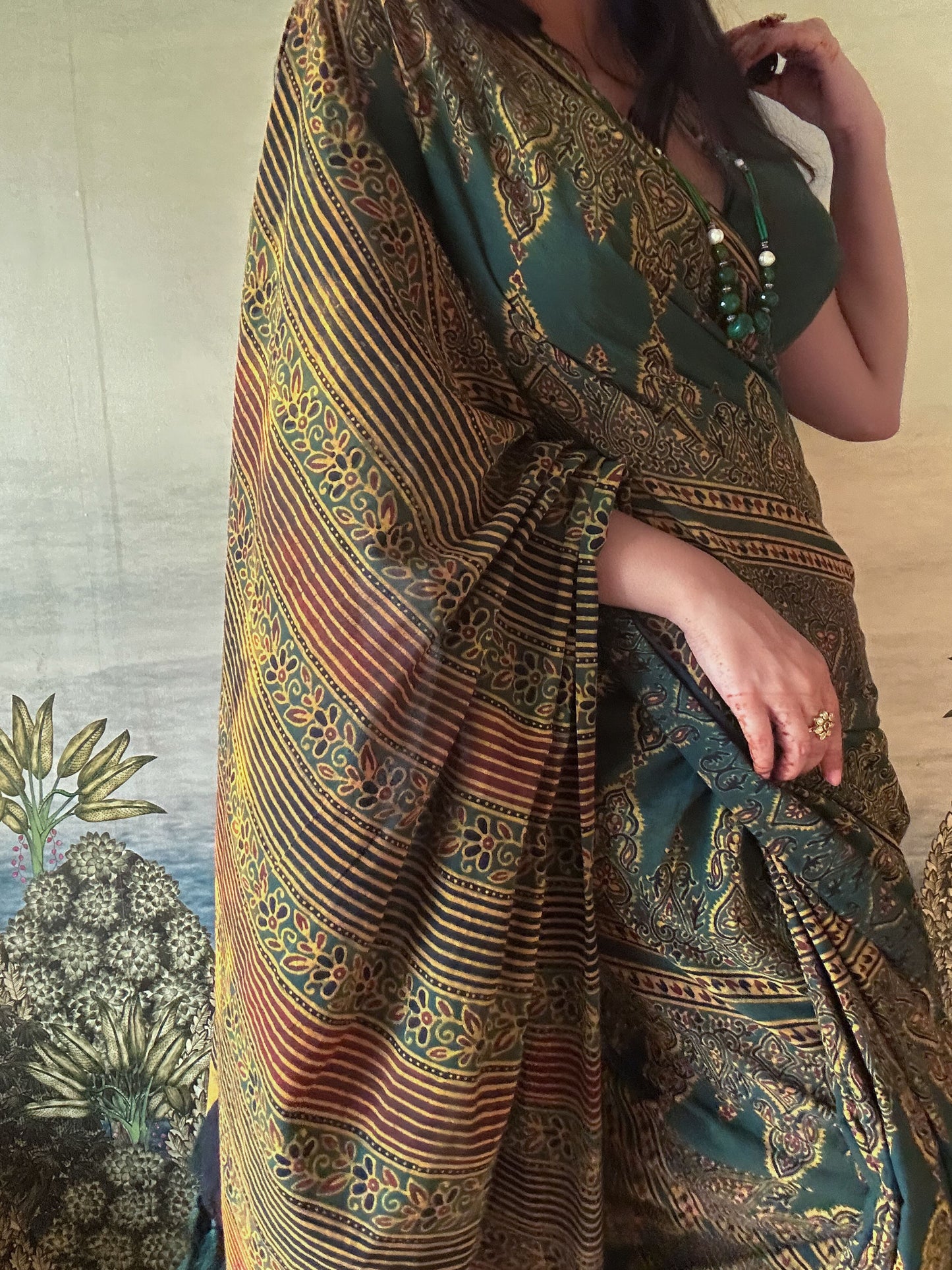 Lush Ajrakh Cotton Mul Saree - Deep Mehendi Green