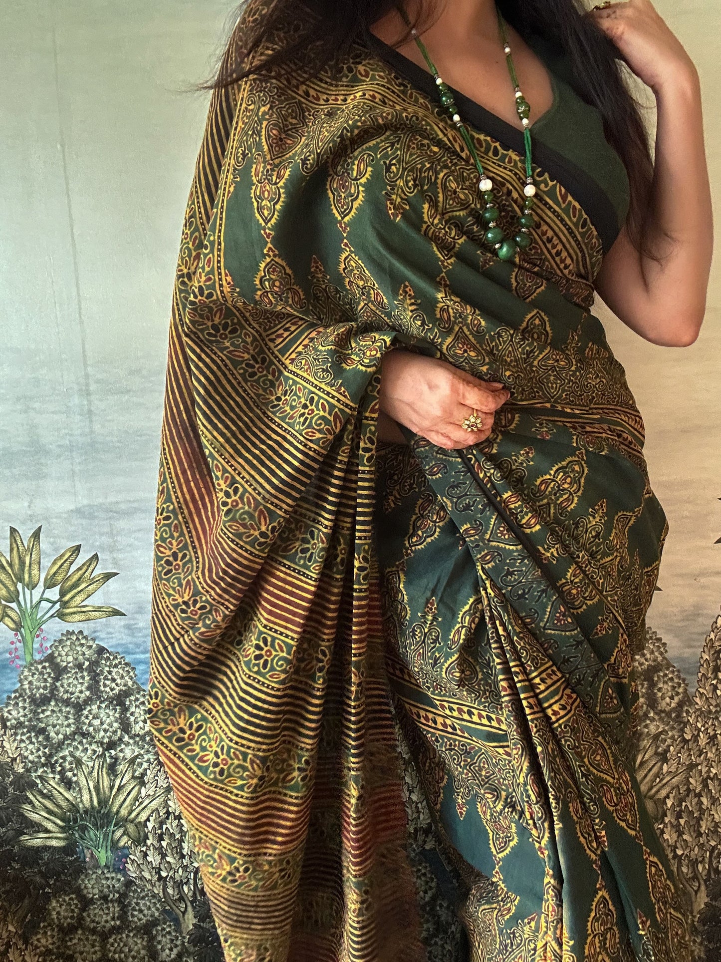 Lush Ajrakh Cotton Mul Saree - Deep Mehendi Green