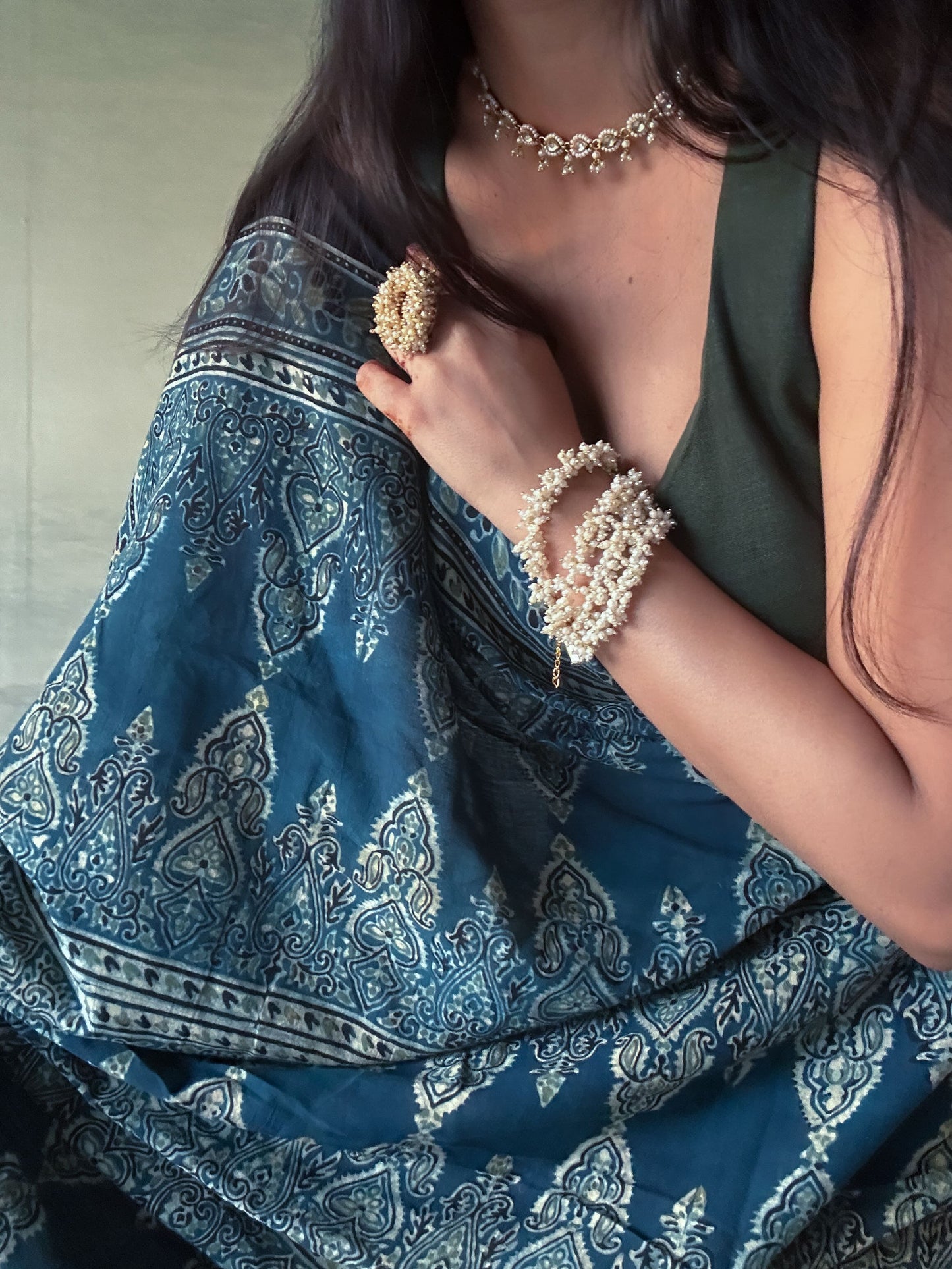 Lush Ajrakh Cotton Mul Saree - Indigo